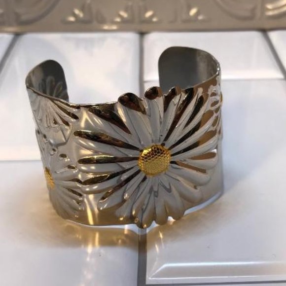 Wide Stainless Steel & Gold-Tone Sunflower Cuff Bracelet - Picture 4 of 9